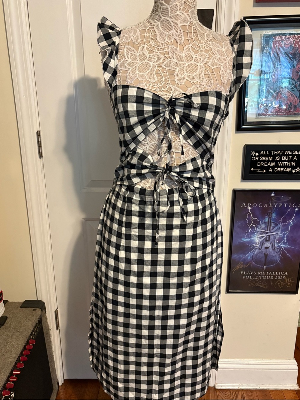 Black White Gingham Tie Front Cutout Midi Dress Cottagecore Size M NWT